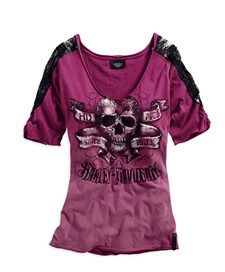Harley-Davidson top-BL,SS, skull/lace knit women's pink beajolais
