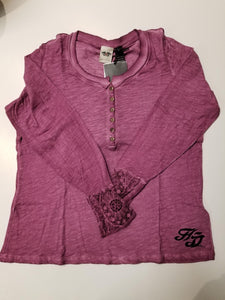 Harley-Davidson top-L/S henley, lace cuff knit women's red violet